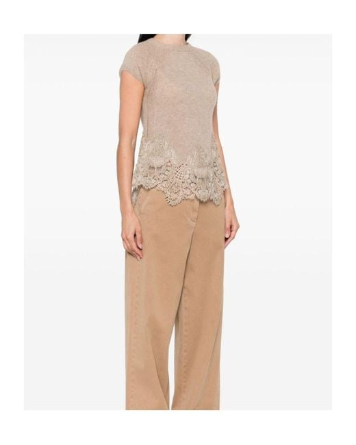 Ermanno Scervino Natural Lace-Trimmed Crewneck T-Shirt