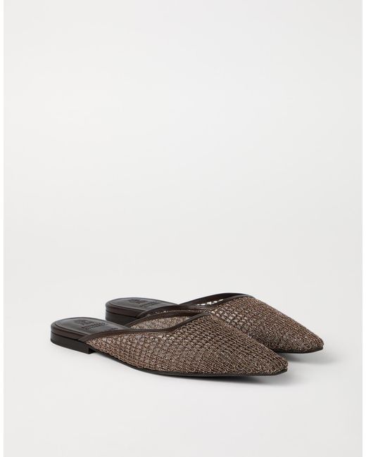 Brunello Cucinelli Brown Square Toe Net-Embroidery Mules