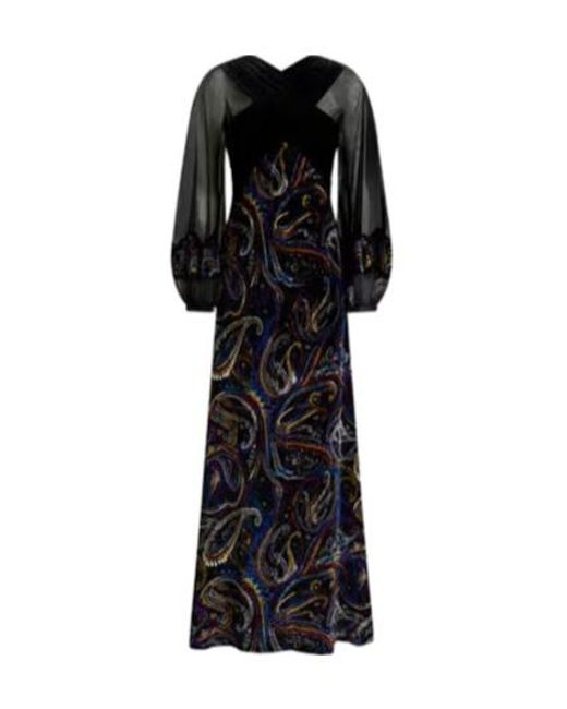 Etro Black Paisley Foliage Motif Velvet Long Dress
