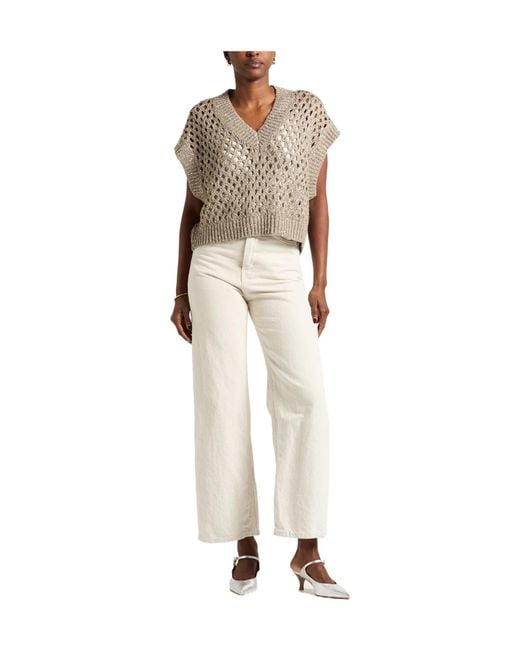 Brunello Cucinelli Natural Solidcolor Vneck Sleeveless Knit Sweater
