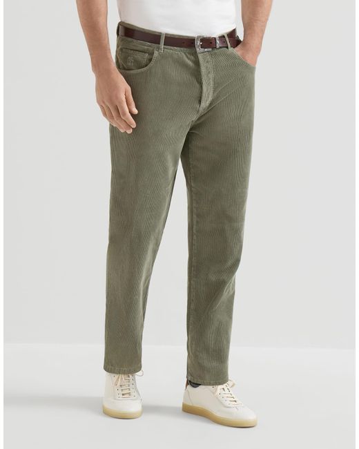 Brunello Cucinelli Green Garment-Dyed Five-Pocket Trousers for men