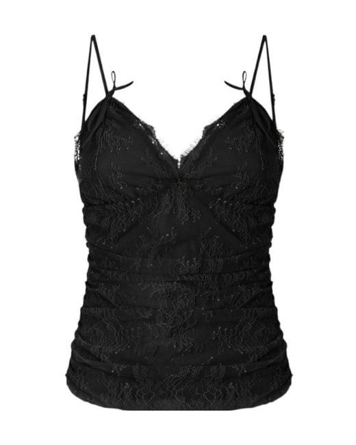 Pinko Black V-Neck Lace Ruched Top