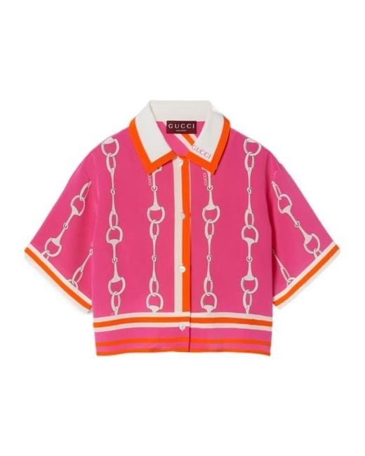 Gucci Pink Horsebit-Print Silk Cropped Shirt