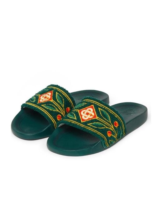 Casablanca Green Laurel Terry Embroidered Slides