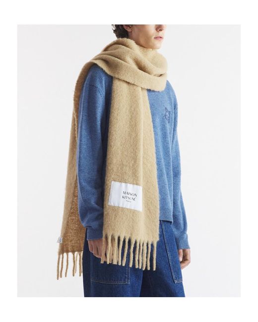 Maison Kitsuné Natural Maison Kitsuné Logo Patch Fringed Knit Scarf for men