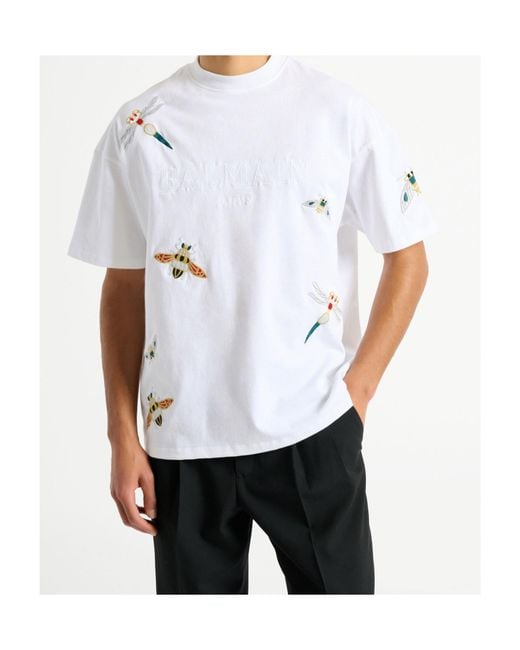 Balmain White Embroidered Insect T-Shirt for men