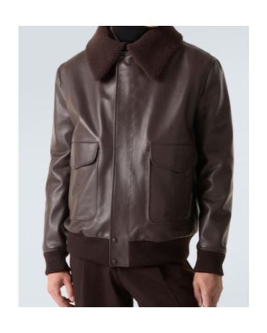 Gabriela Hearst Brown Shearling-Trimmed Leather Bomber Jacket for men