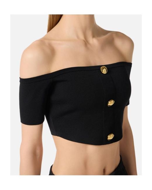Elisabetta Franchi Black Off-Shoulder Button Knitted Top