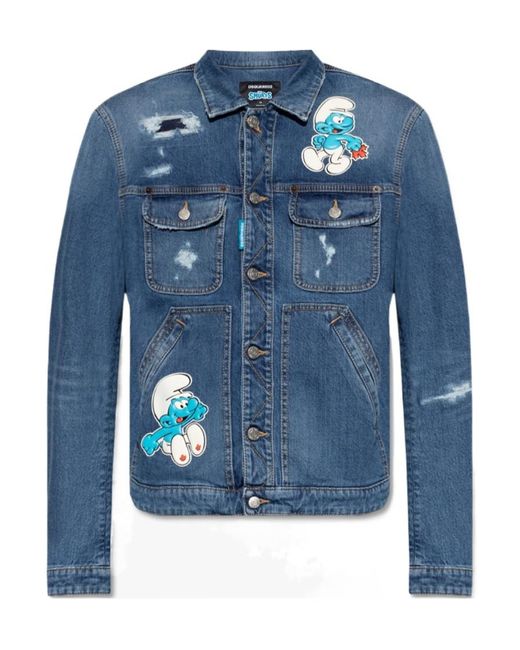 DSquared² Blue The Smurfs Distressed-Effect Denim Jacket for men