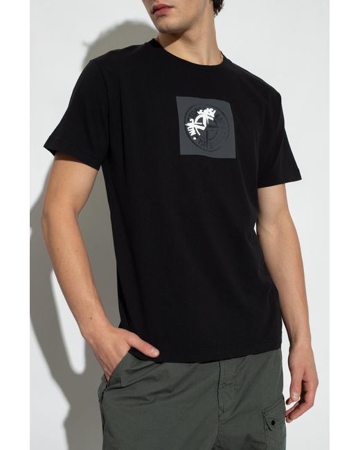 Stone Island Black Compass-Print Cotton T-Shirt for men