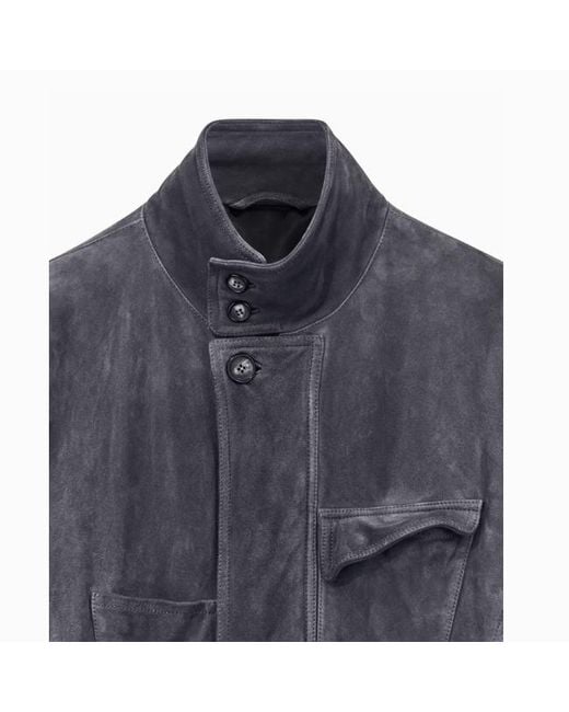 Giorgio Armani Blue Stand Collar Leather Jacket for men