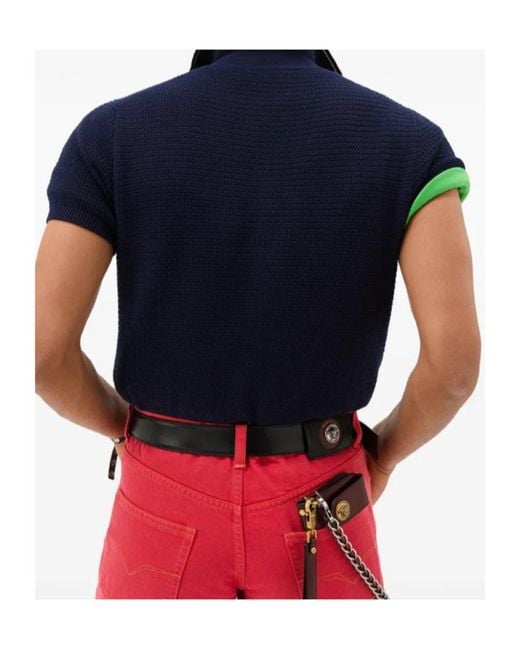 Versace Blue Contrast Stitch Polo Knitted Top for men