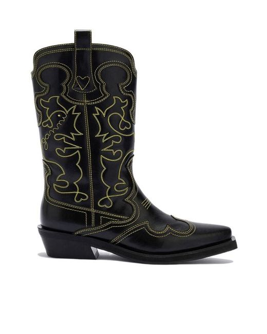 Ganni Black Mid Shaft Embroidered Western Boots