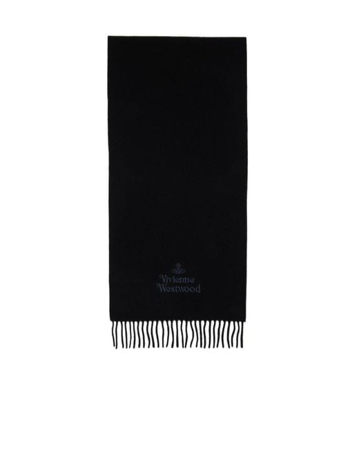Vivienne Westwood Black Logo Embroidered Fringed Scarf