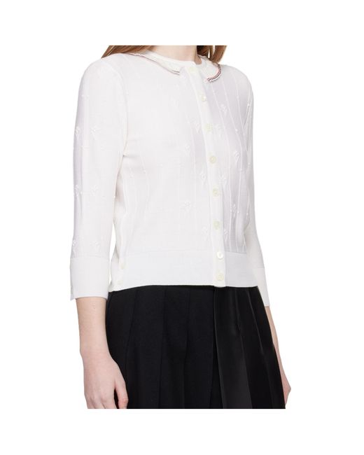 Thom Browne White Bobble Stitch Lace Trim Cardigan