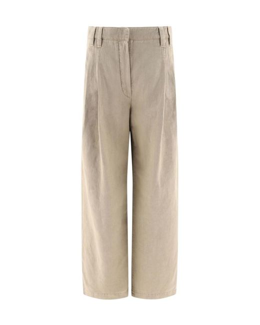 Brunello Cucinelli Natural High-Waist Wide-Leg Trousers