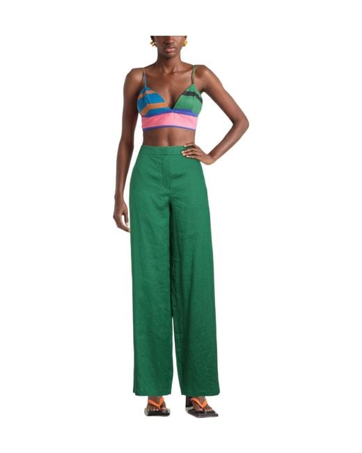 Max Mara Green Solid Color Wide-Leg Trousers