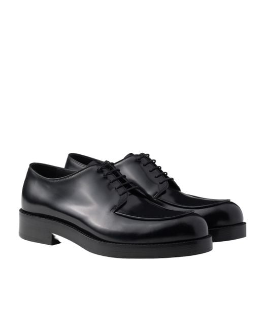 Prada Black Brushed Leather Derby Shoes for men