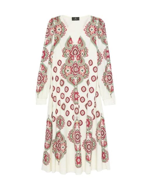 Etro White Paisley-Print Long-Sleeve Dress