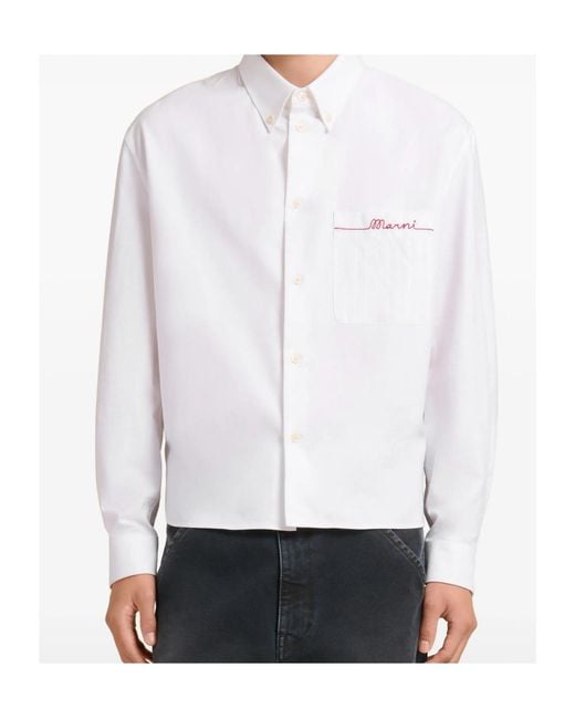 Marni White Logo Embroidered Buttoned Shirt for men