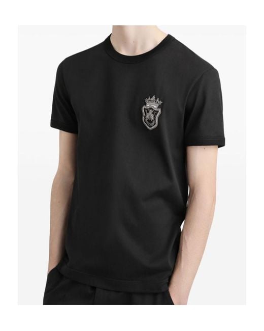 Dolce & Gabbana Black Cotton Embroidery Crest T-Shirt for men