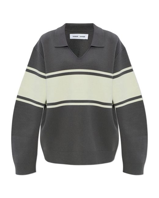 Samsøe & Samsøe Gray Saanne Striped Collared Sweatshirt