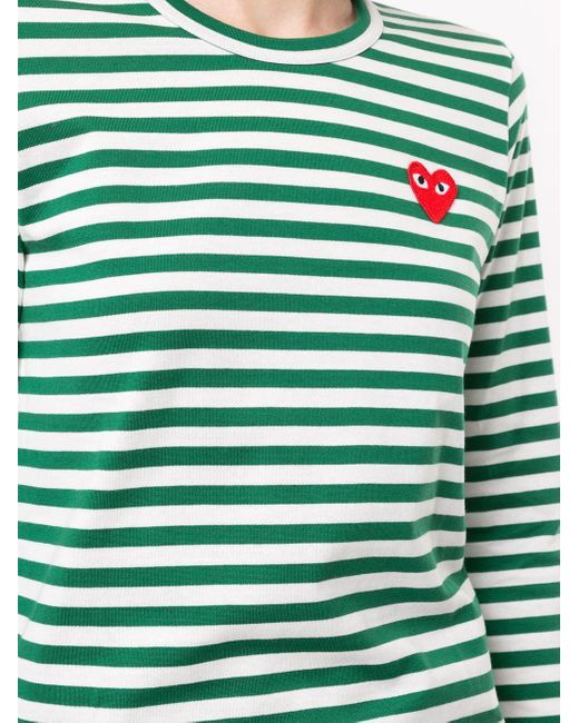 COMME DES GARÇONS PLAY Green Striped Logo-Patch T-Shirt