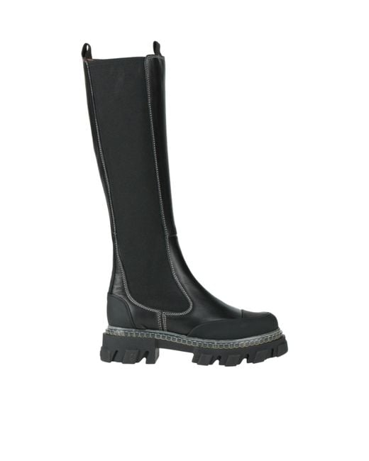 Ganni Black Solid Color Leather Platform Boots