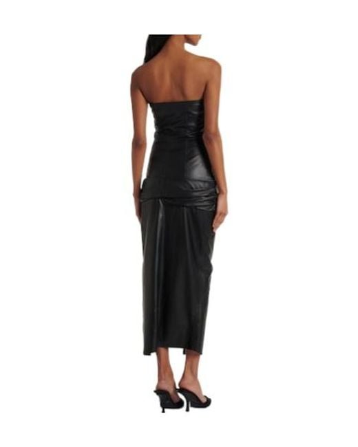 The Attico Black Draped Strapless Leather Midi Dress