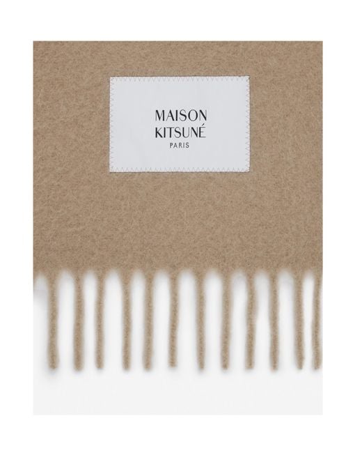 Maison Kitsuné Natural Maison Kitsuné Logo Patch Fringed Knit Scarf for men