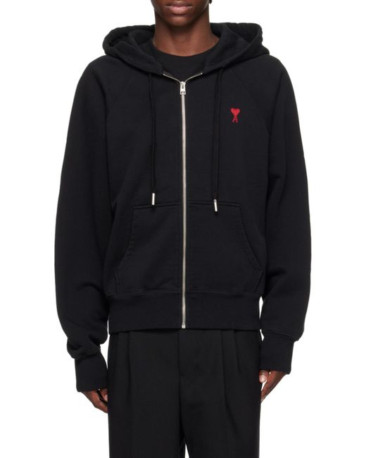 AMI Black Ami De Coeur Logo Embroidered Zip-Up Hoodie for men