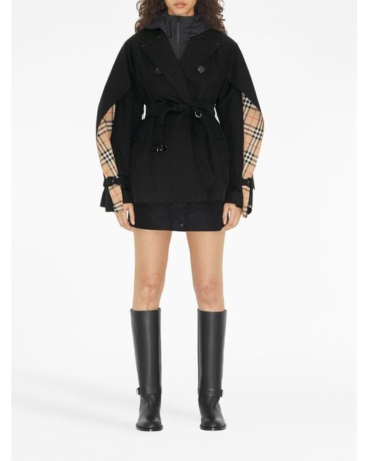 Burberry Black Cape-Sleeve Cropped Belted Trench Coat