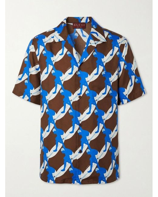 Gucci Blue Printed Silk Bowling Shirt for men