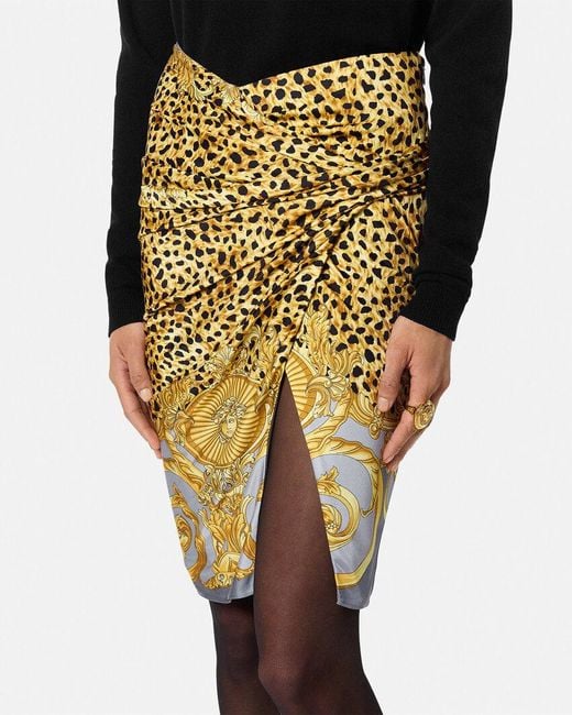 Versace Metallic Cheetah Foulard Draped Midi Skirt