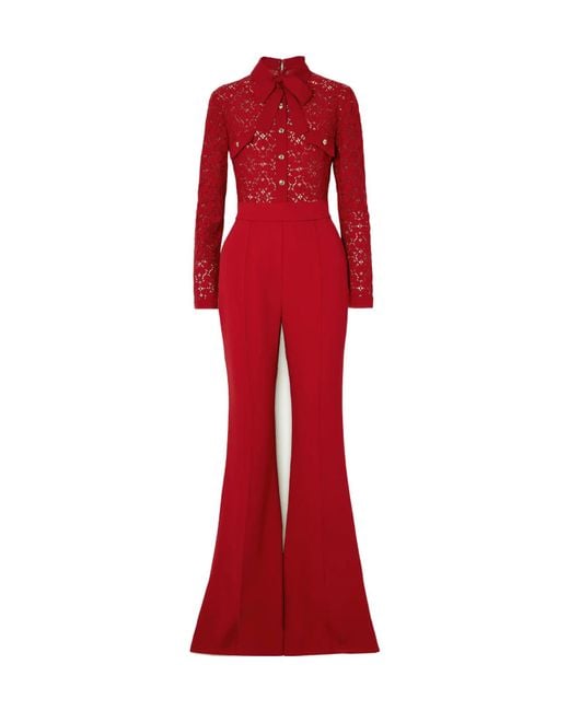 Elie Saab Red Pussy-Bow Corded Lace And Crepe Jumpsuit