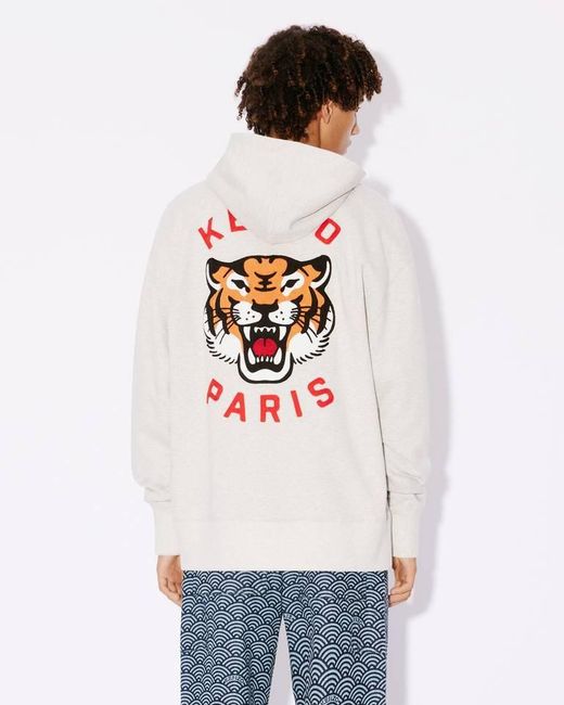 KENZO White Lucky Tiger Genderless Embroidered Oversized Hoodie for men