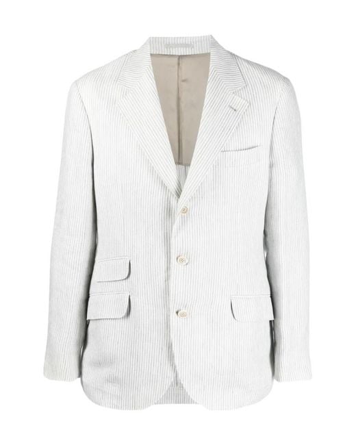 Brunello Cucinelli White Single-Breasted Striped Blazer for men