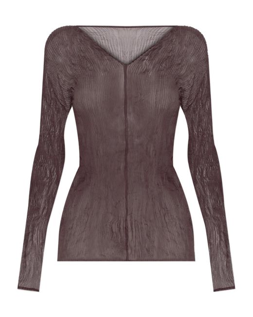 Issey Miyake Brown V-Neck Chiffon Top
