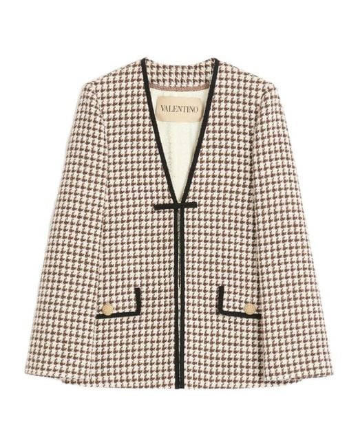 Valentino Natural Houndstooth V-Neck Tweed Jacket