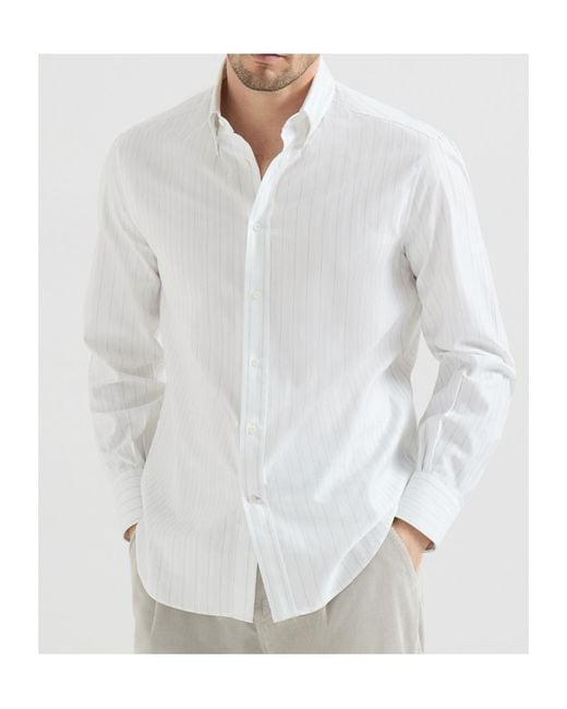 Brunello Cucinelli White Cotton Textured Striped Chevron Shirt With Button-Down Collar for men