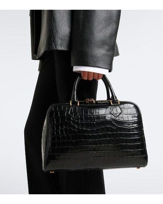 Nili Lotan Black Jaclyn Croc-Effect Leather Bowling Bag
