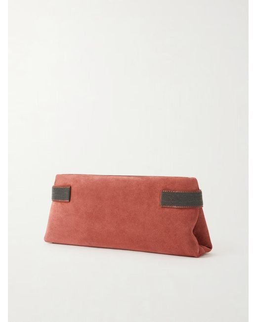 Brunello Cucinelli Red Essence Bead-Embellished Leather-Trimmed Suede Clutch