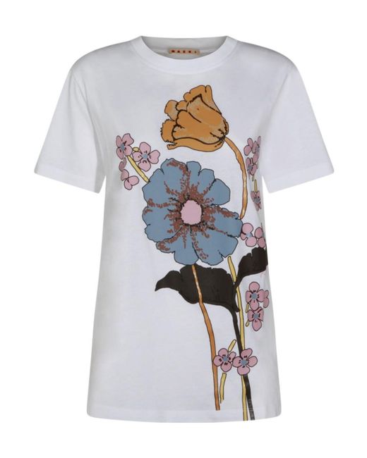 Marni White Floral Printed Crewneck T-Shirt for men