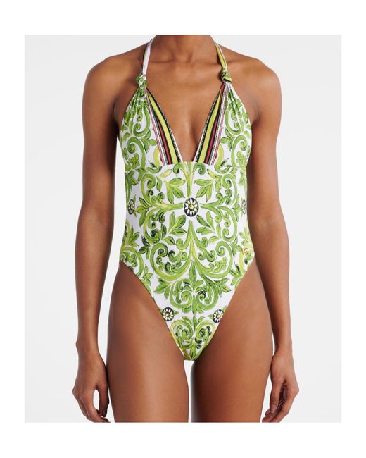 Dolce & Gabbana Green Printed Backless Swimsuit