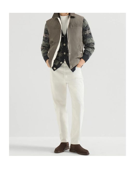 Brunello Cucinelli Brown Suede Down Vest With Shirt-Style Collar for men