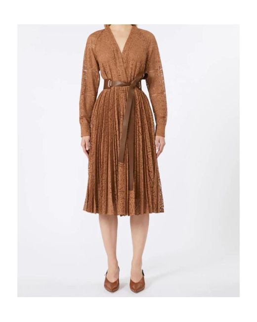 Max Mara Brown Studio V-Neck Pleated Dress