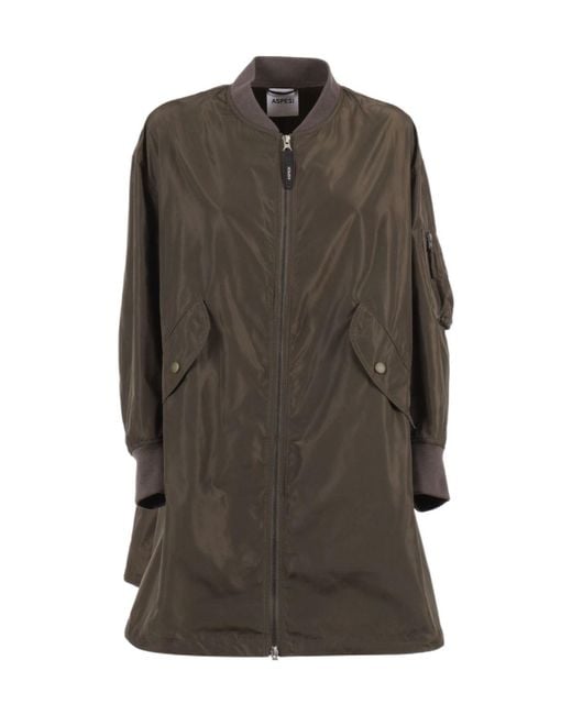 Aspesi Green Ribbed Collar Long-Sleeved Trench Coat