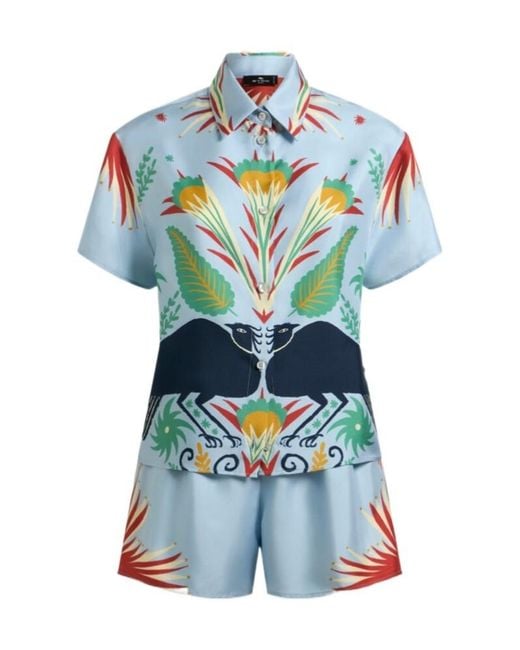 Etro Blue Pattern-Printed Shirt And Shorts Set