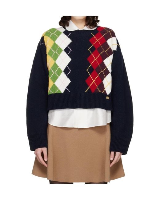 Ganni Blue Wool Blend Diamond Pattern Knit Sweater