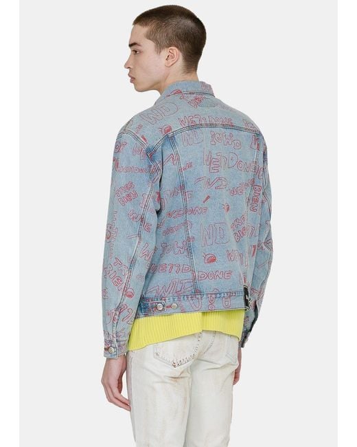 we11done Blue Graffiti Print Denim Jacket for men